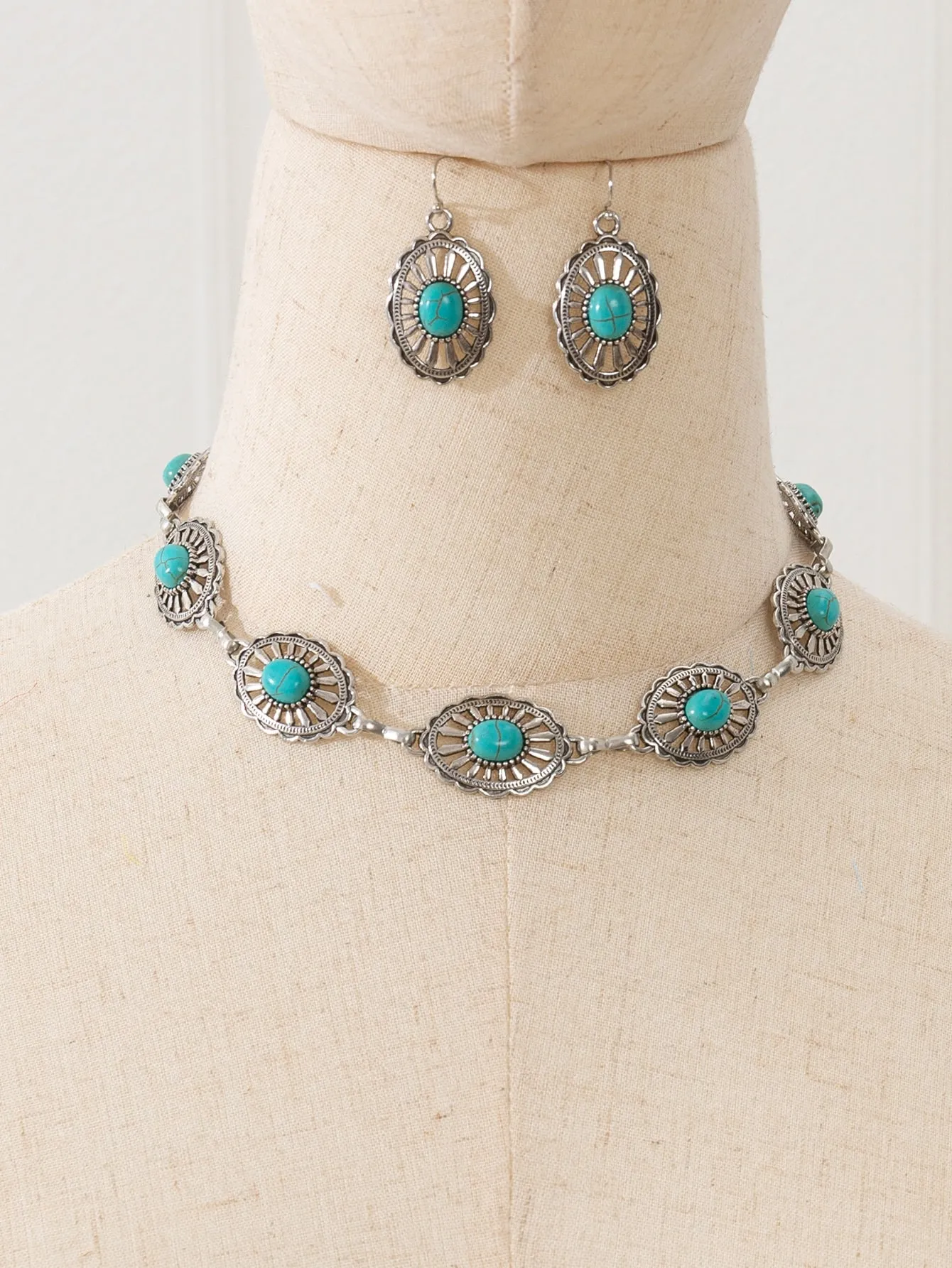 1set Women's Vintage Bohemian Style Turquoise Necklace And Earrings Set