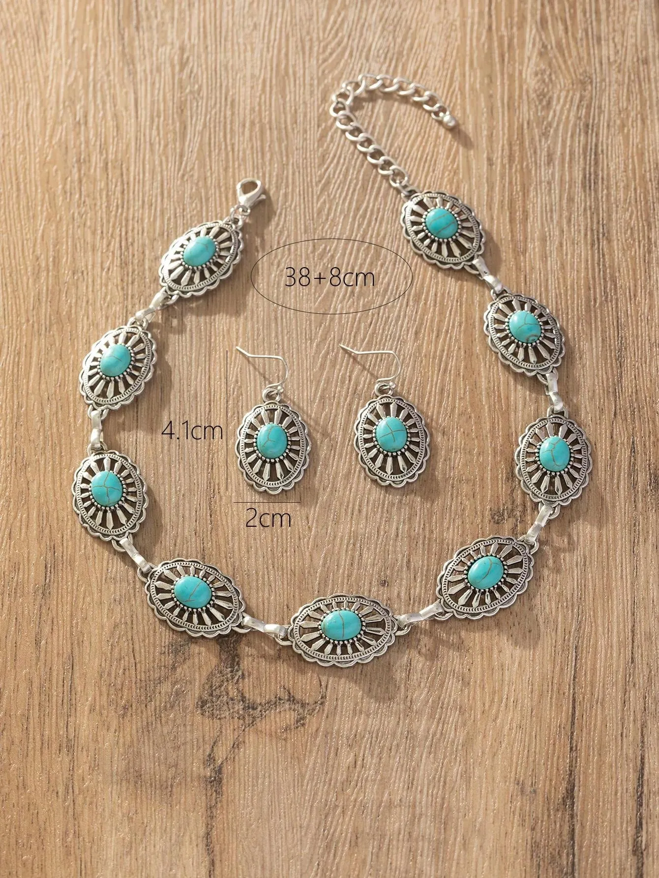 1set Women's Vintage Bohemian Style Turquoise Necklace And Earrings Set