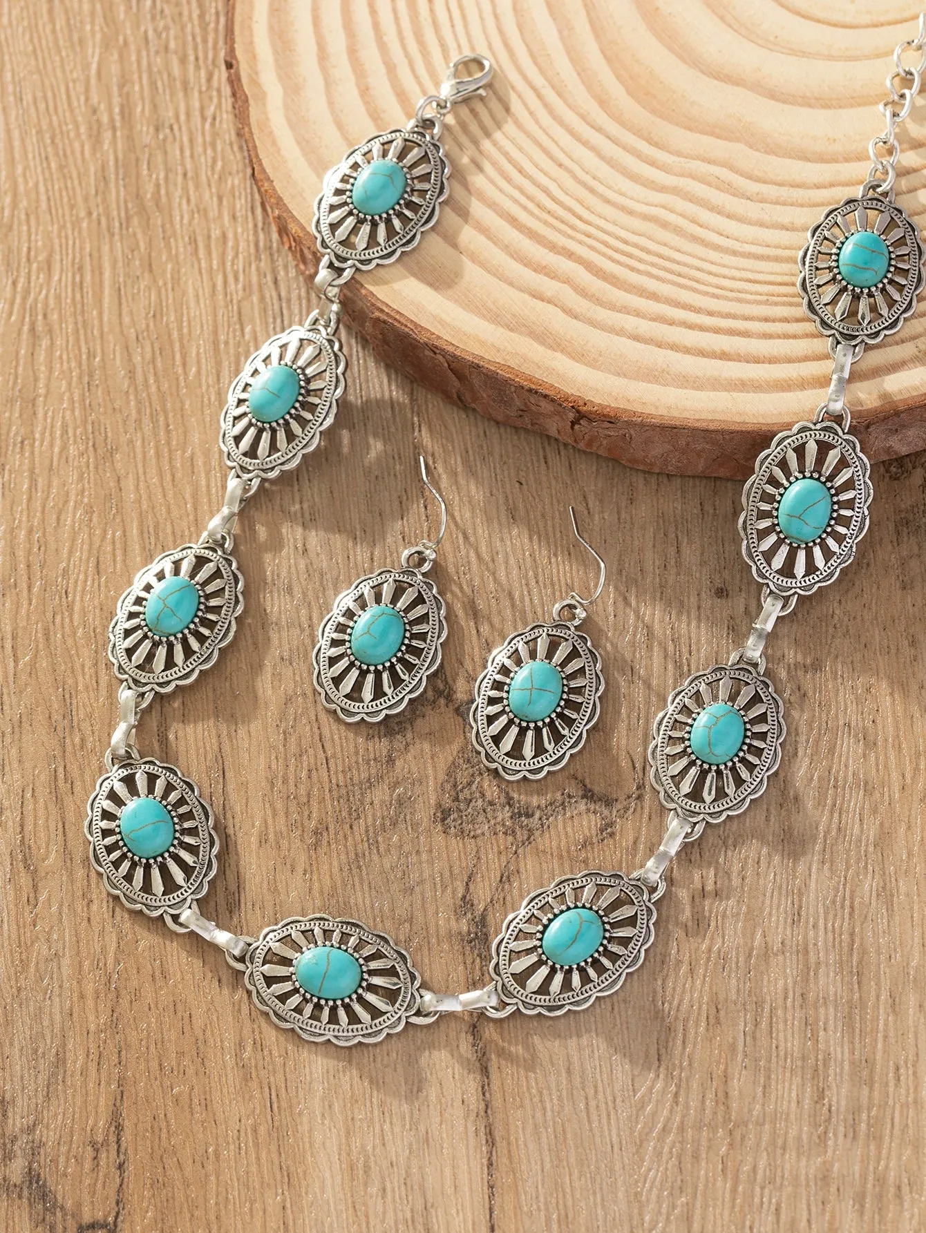 1set Women's Vintage Bohemian Style Turquoise Necklace And Earrings Set