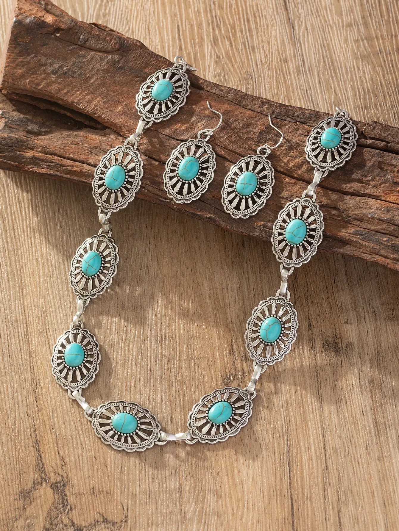 1set Women's Vintage Bohemian Style Turquoise Necklace And Earrings Set