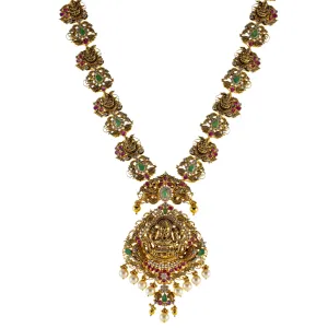 22K Antique Yellow Gold Temple Necklace w/ CZ, Pearls & Ruby (90.9gm)