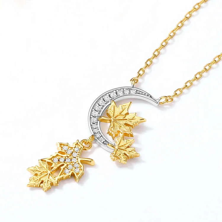 925 Silver White Moon Maple Leaf Pendant Necklace