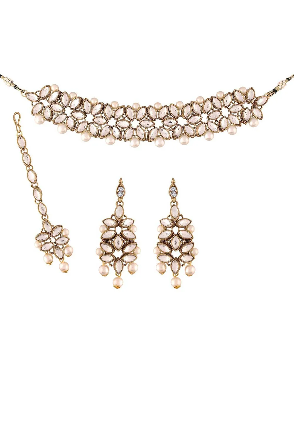 Alloy Necklace with Earrings and Maang Tikka in white