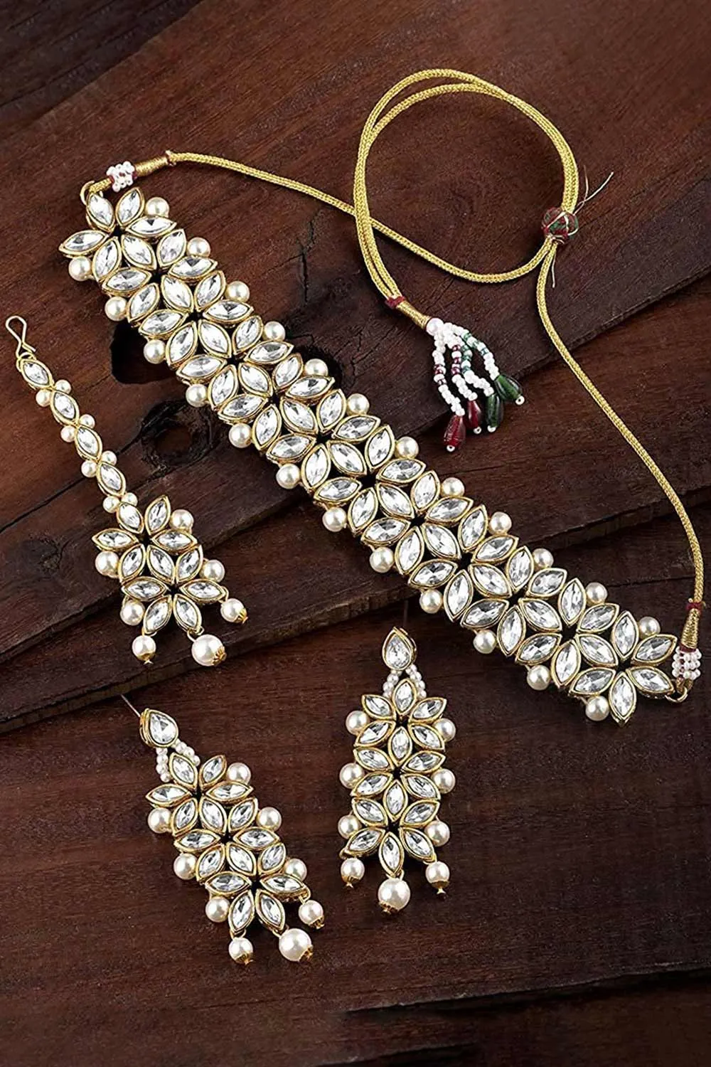 Alloy Necklace with Earrings and Maang Tikka in white