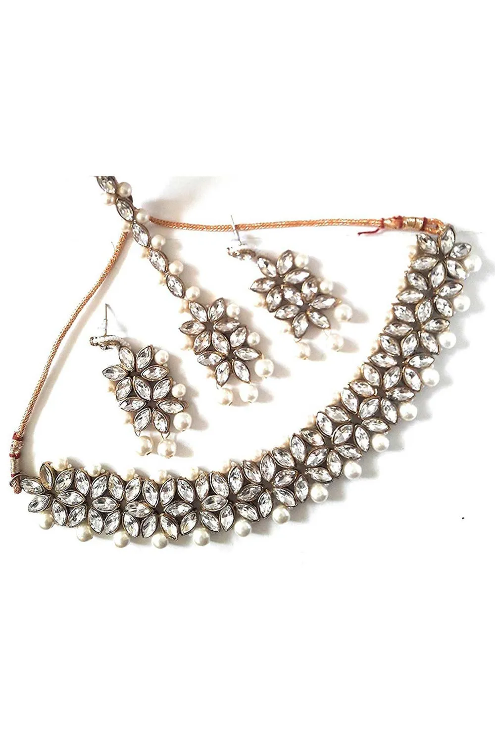 Alloy Necklace with Earrings and Maang Tikka in white