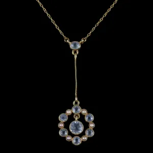 Antique Edwardian Aquamarine Pearl Pendant Necklace Circa 1910