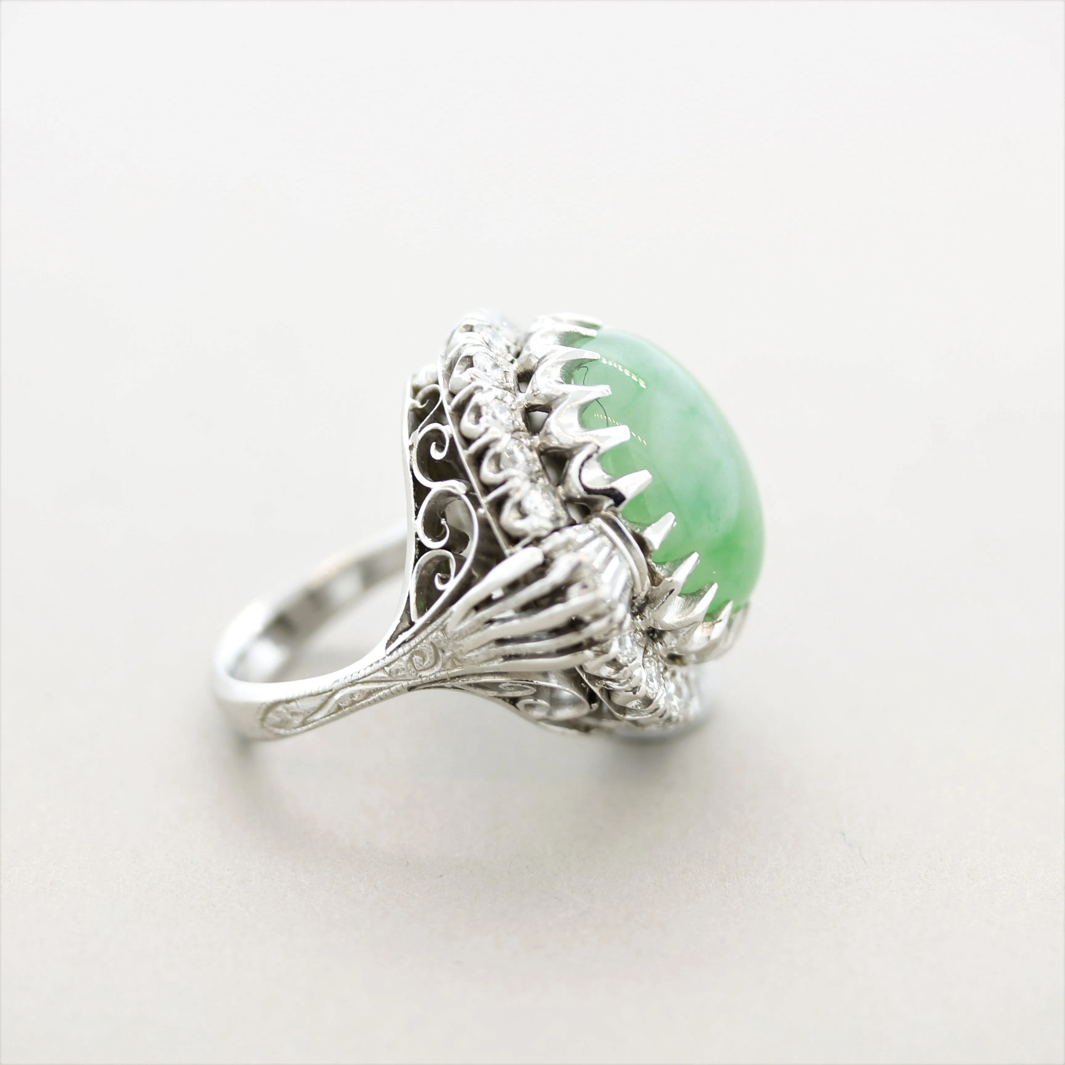 Antique-Style Jadeite Jade Diamond Platinum Cocktail Ring, GIA Certified