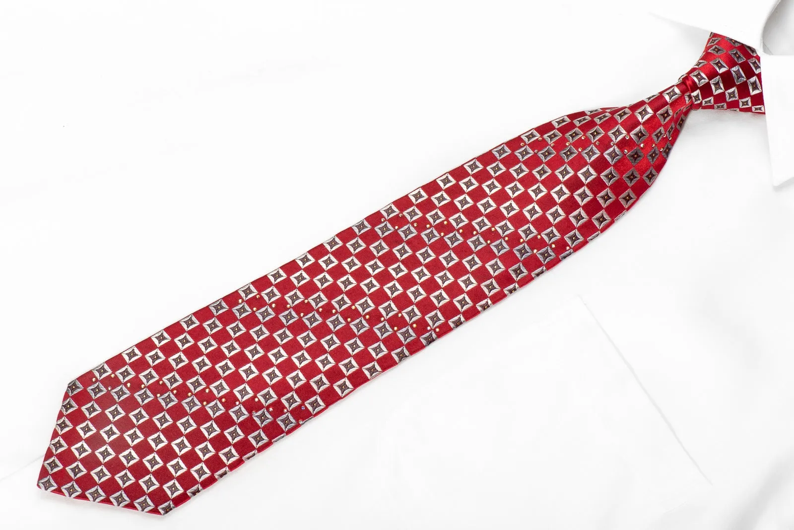 Aquascutum Men's Crystal Silk Necktie Silver Black Checkered On Burgundy With Gold Sparkles