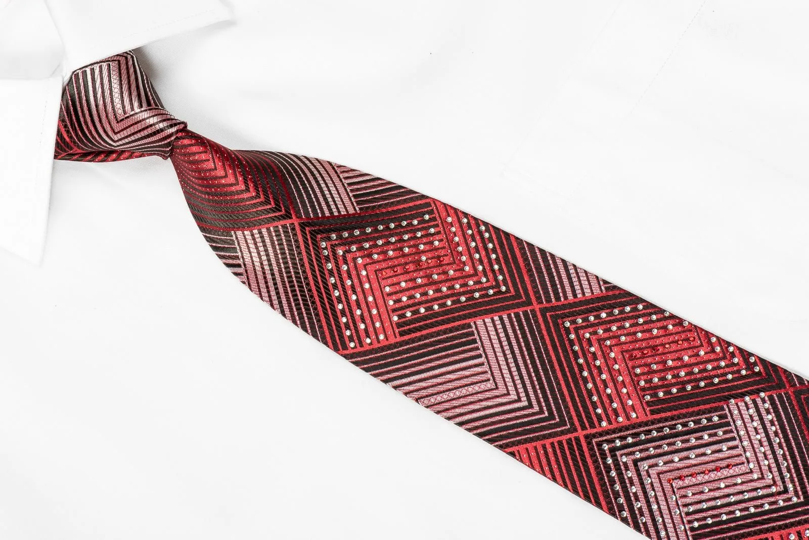 Armarichi Men's Crystal Rhinestone Neckties Black Red Chevron Design With Silver Sparkles