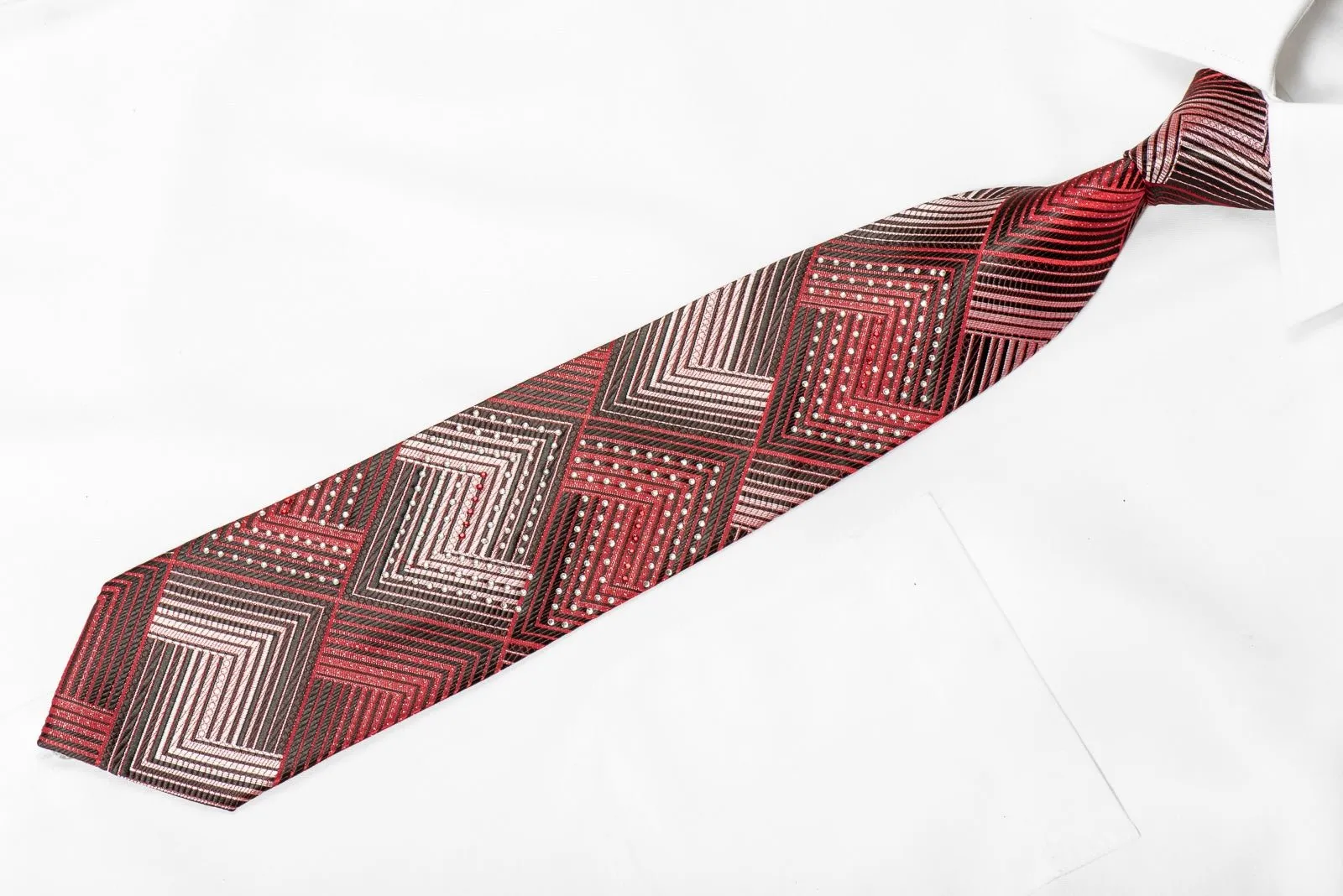 Armarichi Men's Crystal Rhinestone Neckties Black Red Chevron Design With Silver Sparkles