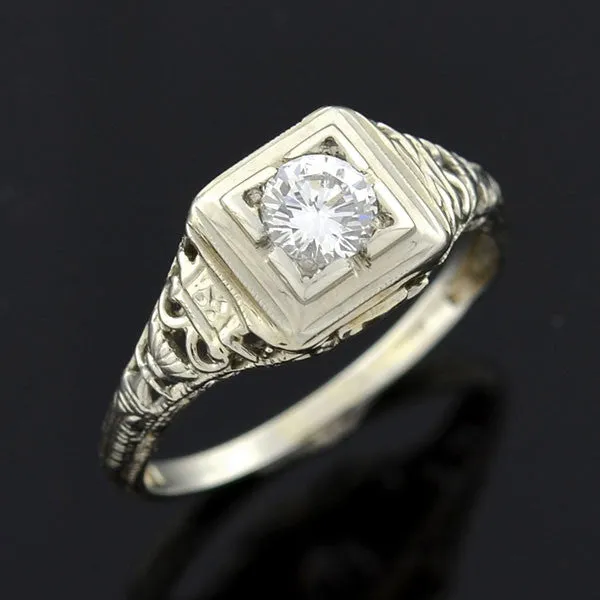 Art Deco 18kt Filigree Diamond Engagement Ring 0.30ct