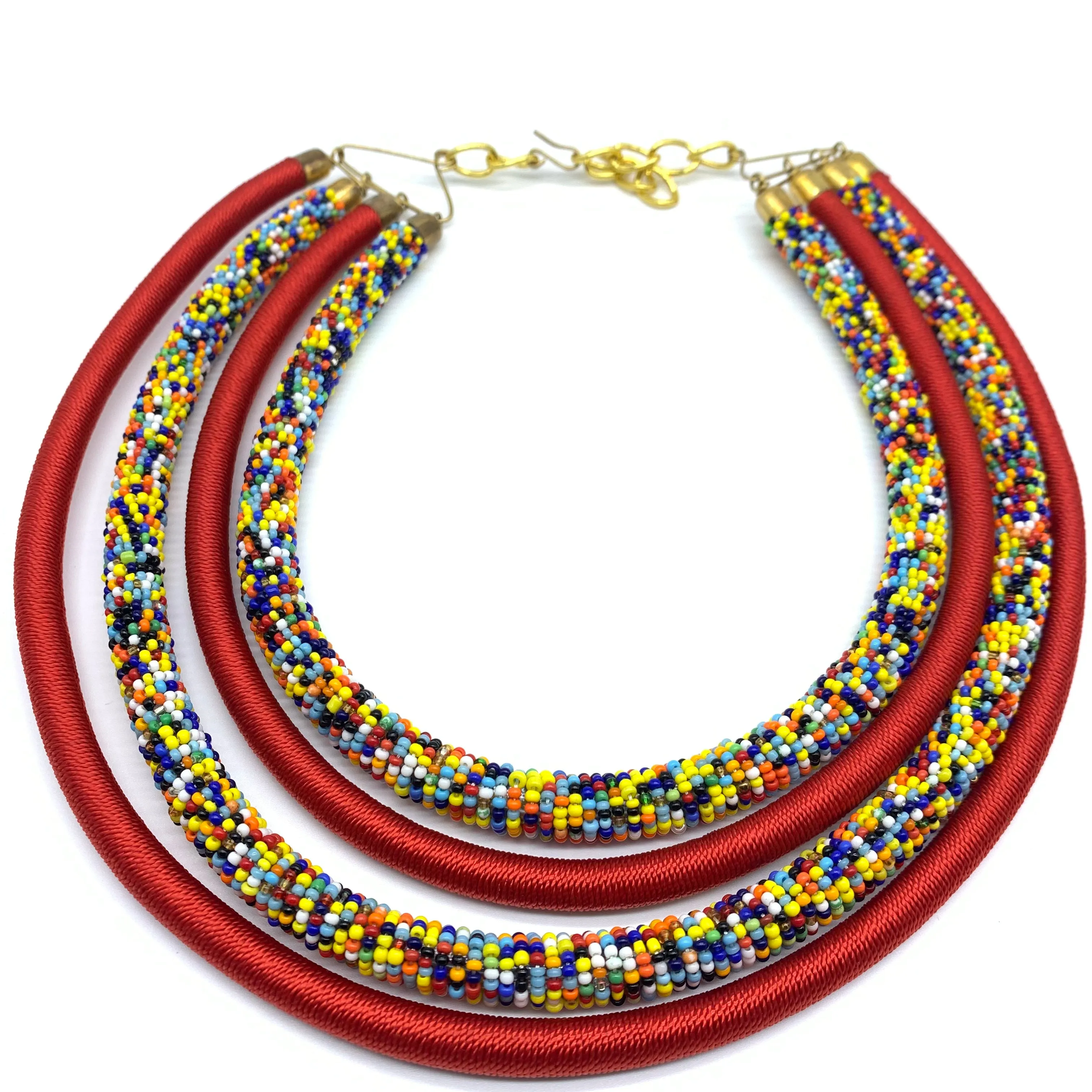 Beaded Thread Multi Strands Bangle Necklace-Red Variation