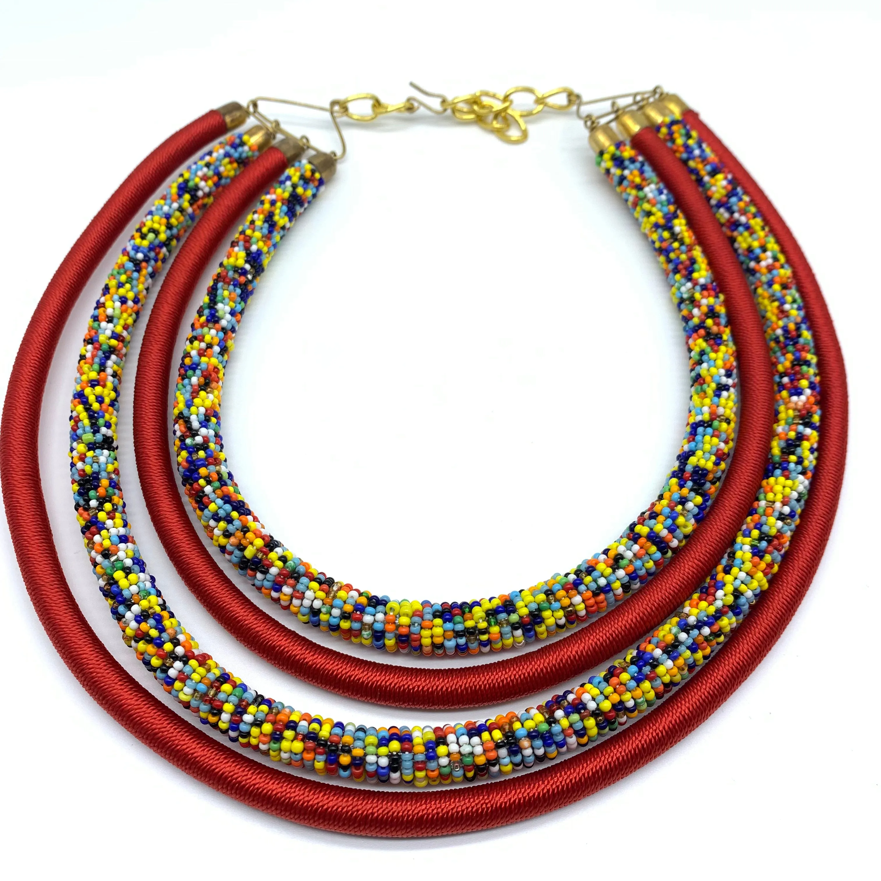 Beaded Thread Multi Strands Bangle Necklace-Red Variation