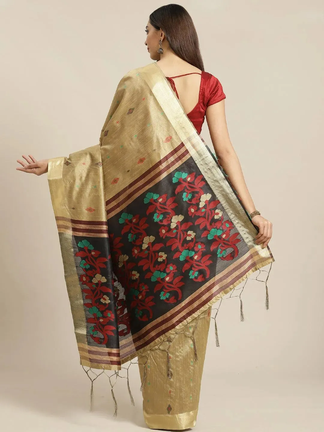 Beige Woven Design Brocade Saree