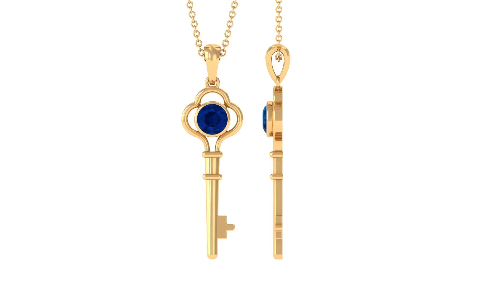 Bezel Set Round Blue Sapphire Gold Key Pendant