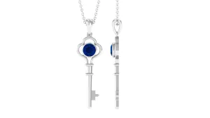 Bezel Set Round Blue Sapphire Gold Key Pendant