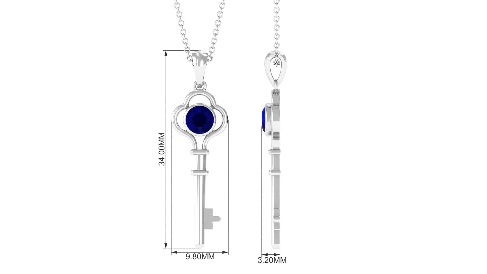 Bezel Set Round Blue Sapphire Gold Key Pendant