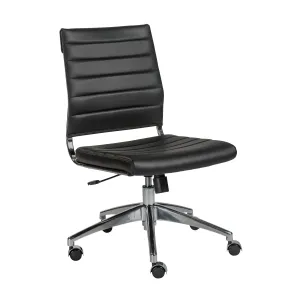 Black Leather Armless Modern Office Chair with Chrome Base