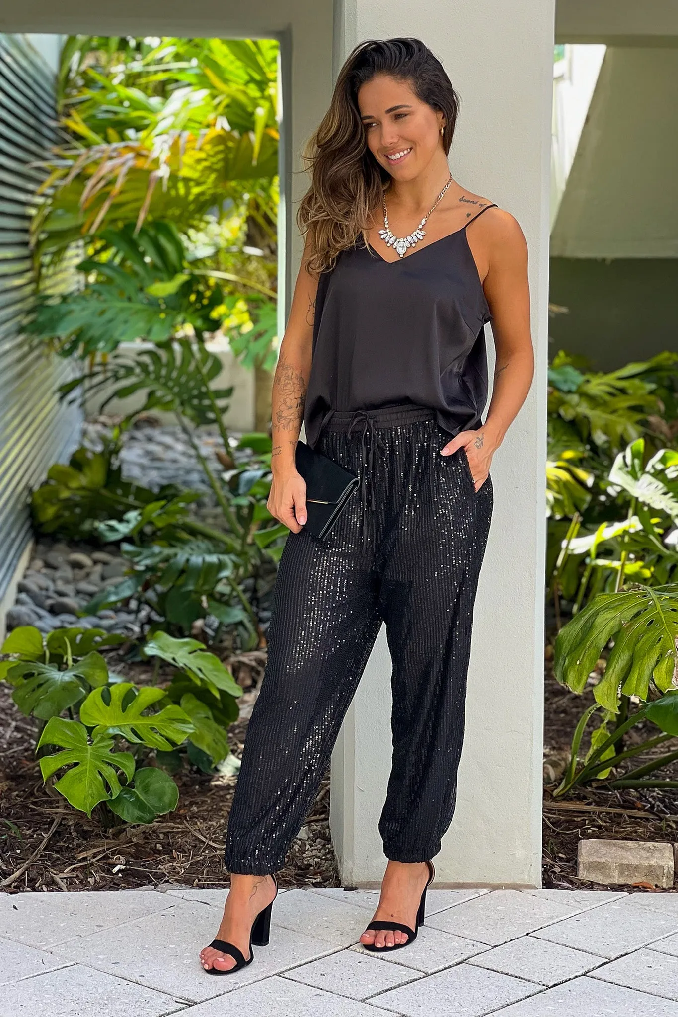 Black Sequin Pants And Satin Top Set