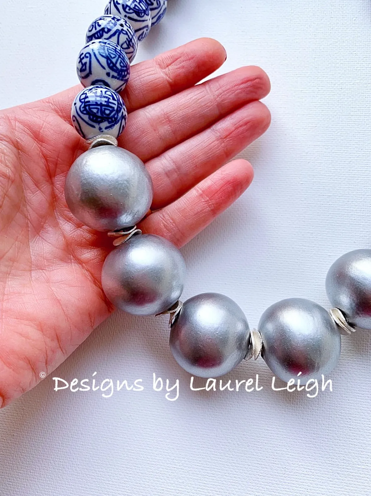 Blue & White Chinoiserie Silver Pearl Necklace