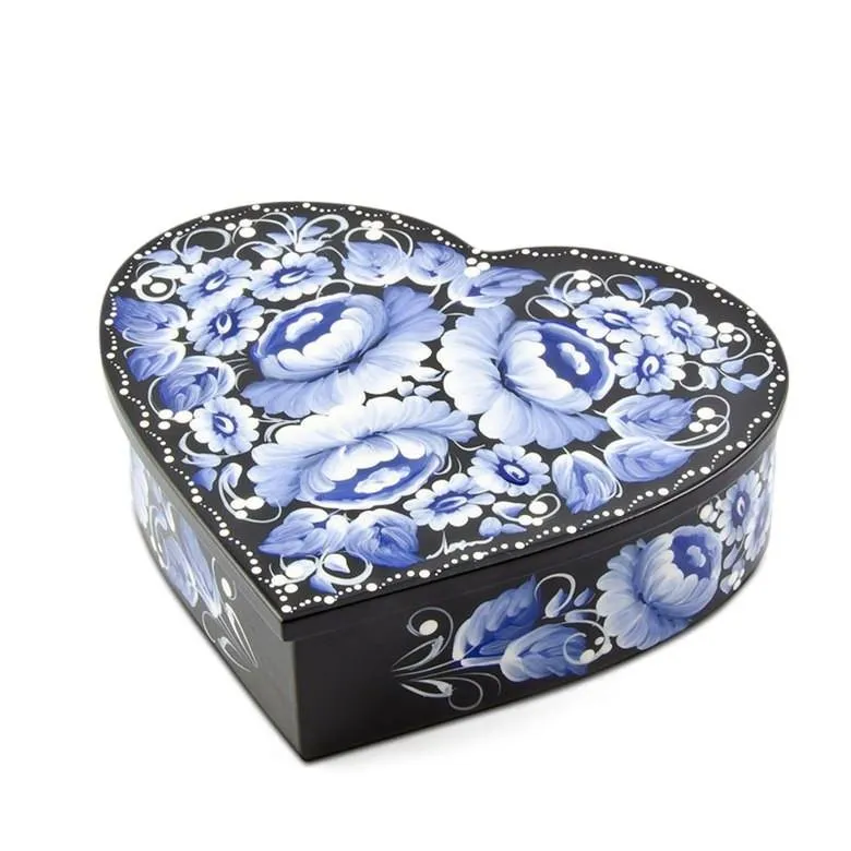 Blue Flowers Heart Shaped Wooden Jewelry Box