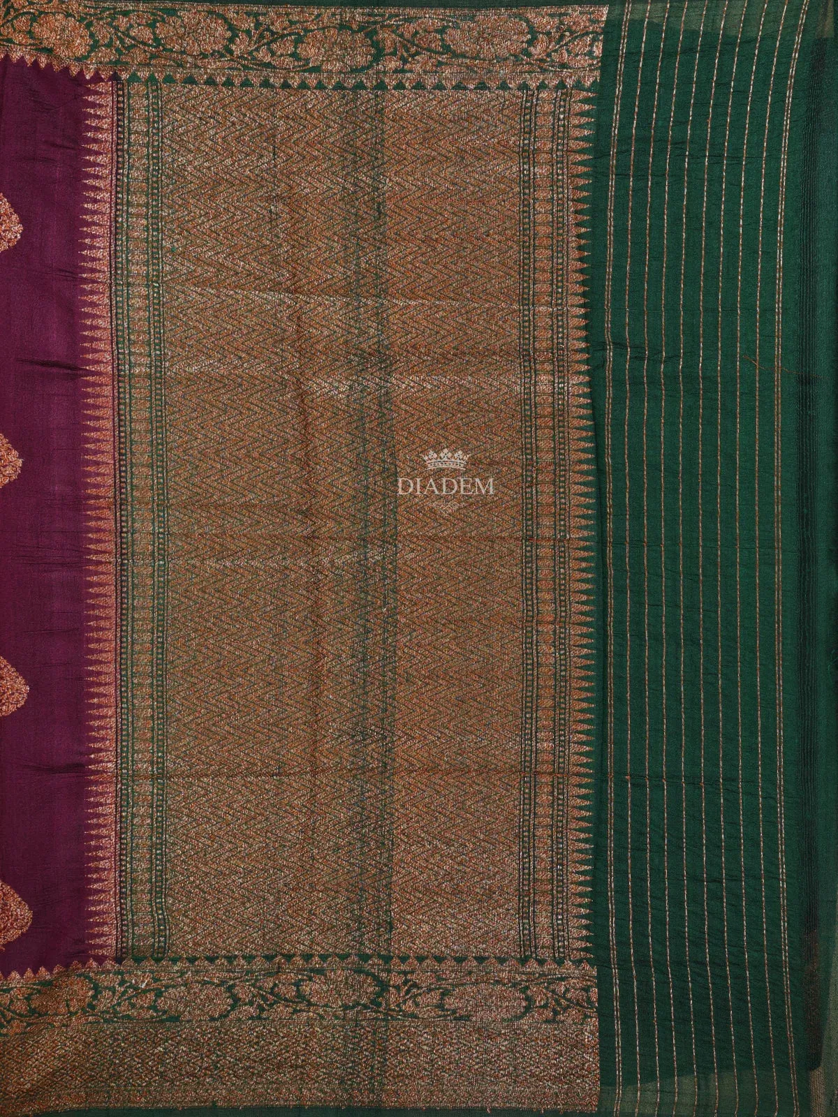 Burgandy Banarasi Saree with Leaf Motif on the Body with Zari Border