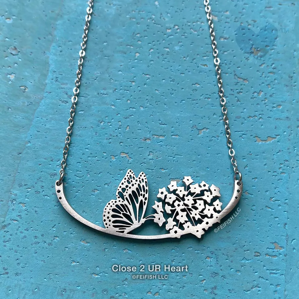 Butterfly with Milkweed Stainless Steel Necklace