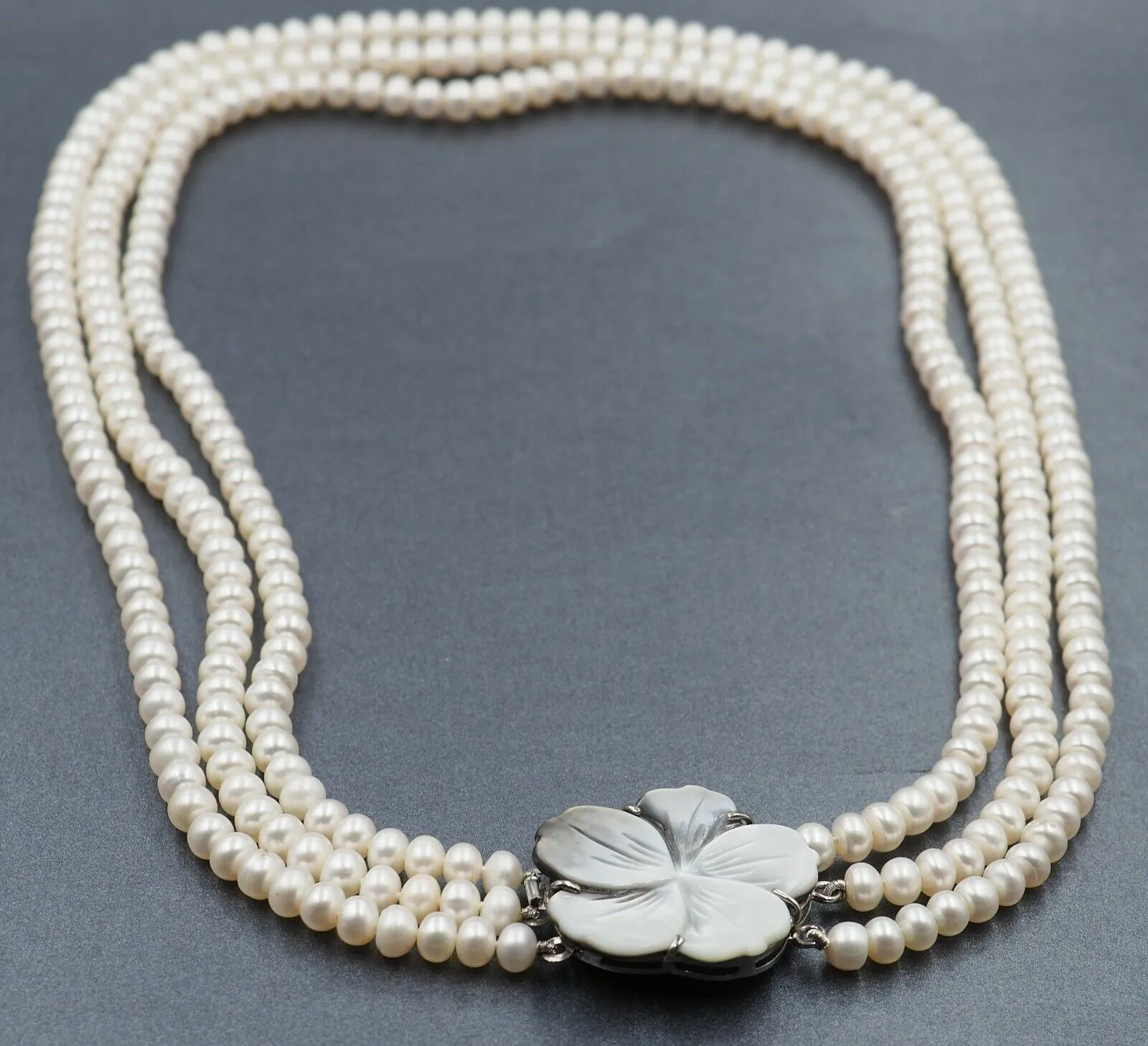 Button Freshwater Pearl Triple Strand Necklace Sterling Silver Clasp