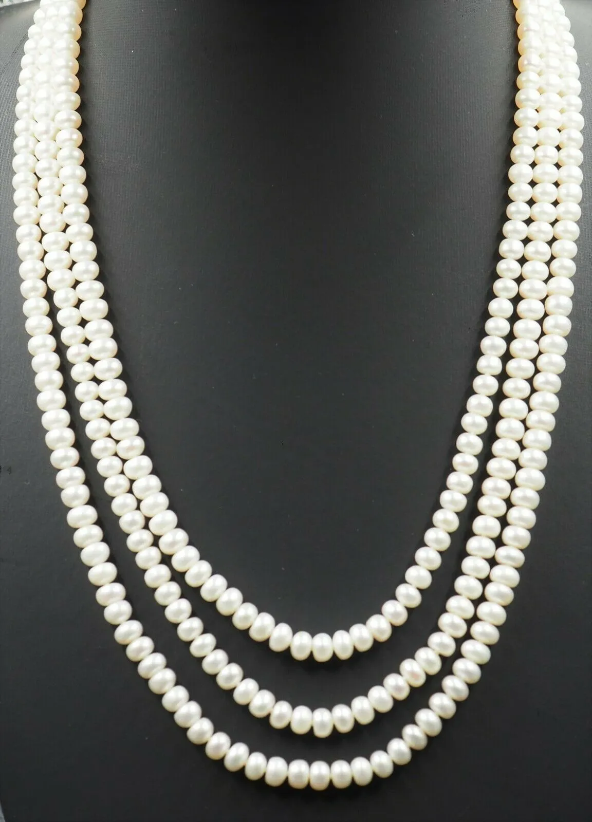 Button Freshwater Pearl Triple Strand Necklace Sterling Silver Clasp