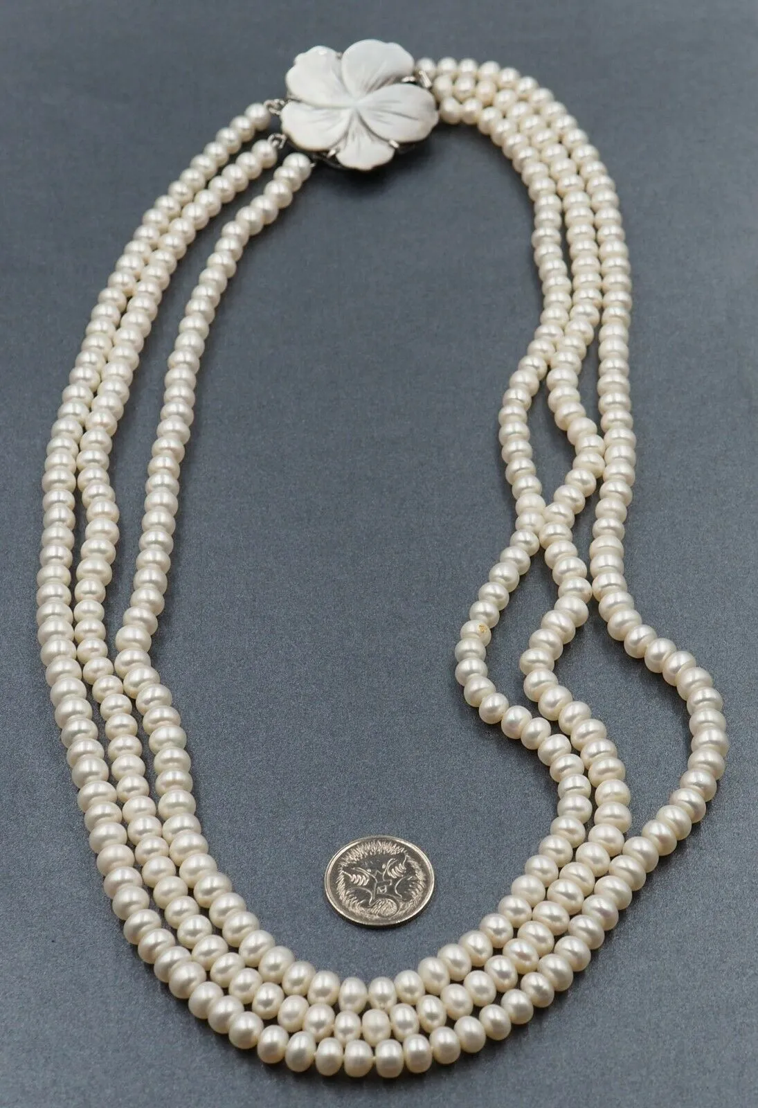 Button Freshwater Pearl Triple Strand Necklace Sterling Silver Clasp