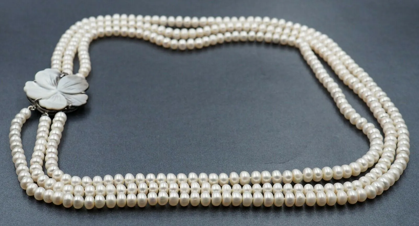 Button Freshwater Pearl Triple Strand Necklace Sterling Silver Clasp