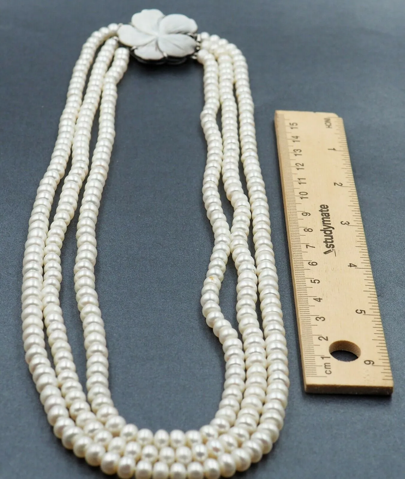 Button Freshwater Pearl Triple Strand Necklace Sterling Silver Clasp