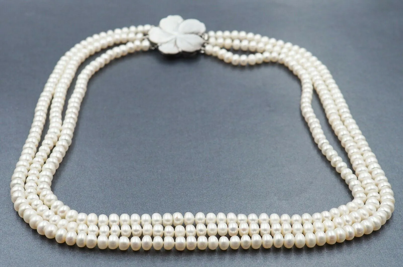 Button Freshwater Pearl Triple Strand Necklace Sterling Silver Clasp