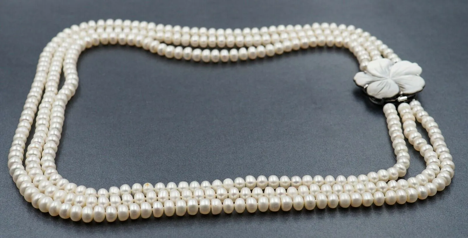 Button Freshwater Pearl Triple Strand Necklace Sterling Silver Clasp