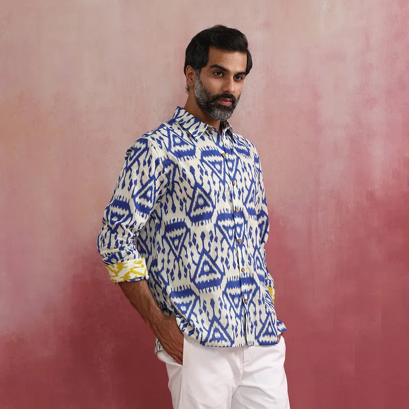 Cambric Cotton Ikat Shirt for Men | Blue & White | Full Sleeves