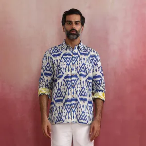 Cambric Cotton Ikat Shirt for Men | Blue & White | Full Sleeves