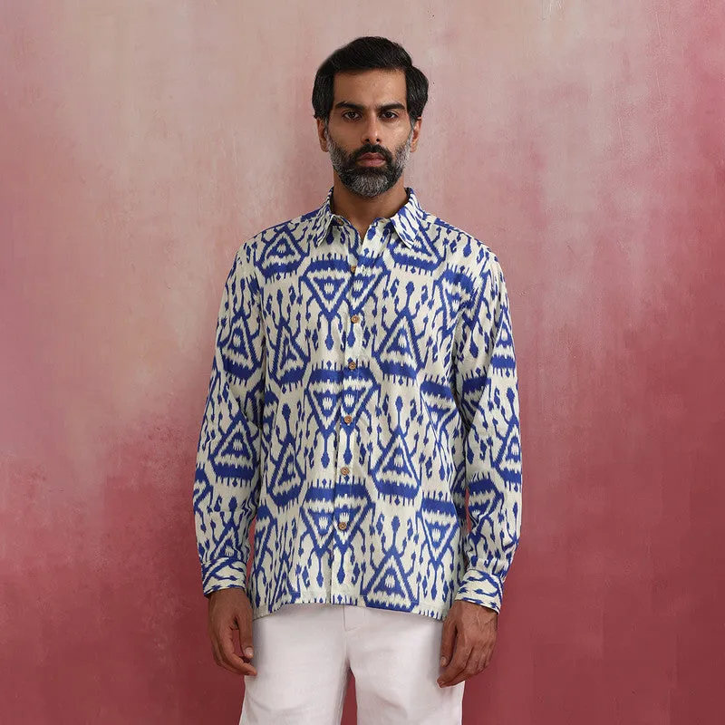 Cambric Cotton Ikat Shirt for Men | Blue & White | Full Sleeves