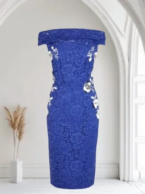 Coast Justina Royal Blue Lace Bardot Pencil Dress UK 10 US 6 EU 38