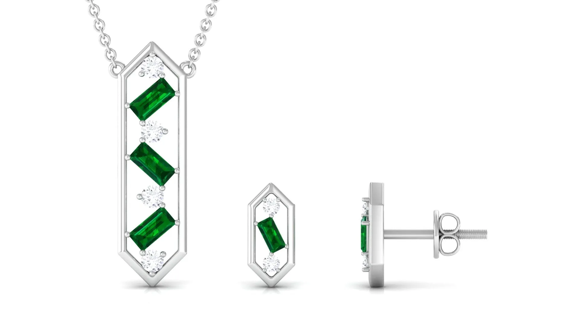 Contemporary Created Emerald and Diamond Dangle jewelry Set