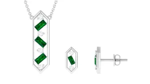 Contemporary Created Emerald and Diamond Dangle jewelry Set