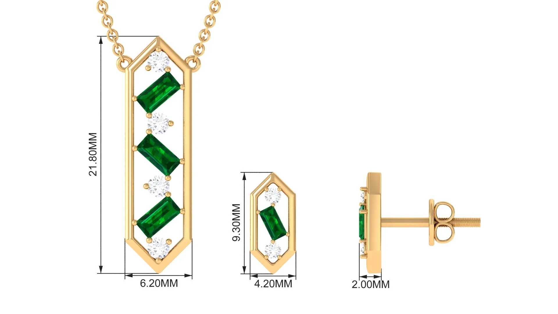 Contemporary Created Emerald and Diamond Dangle jewelry Set