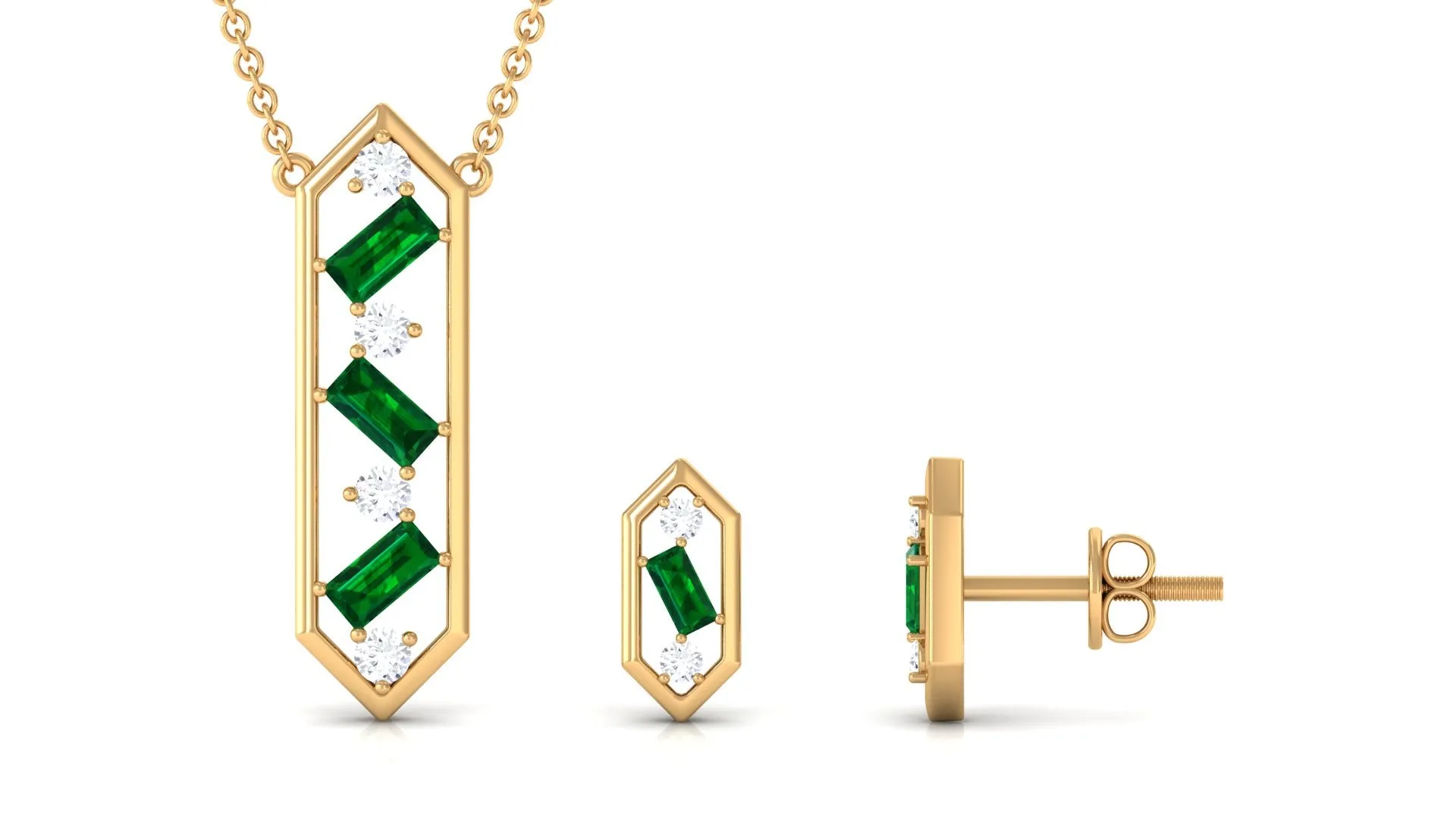 Contemporary Created Emerald and Diamond Dangle jewelry Set