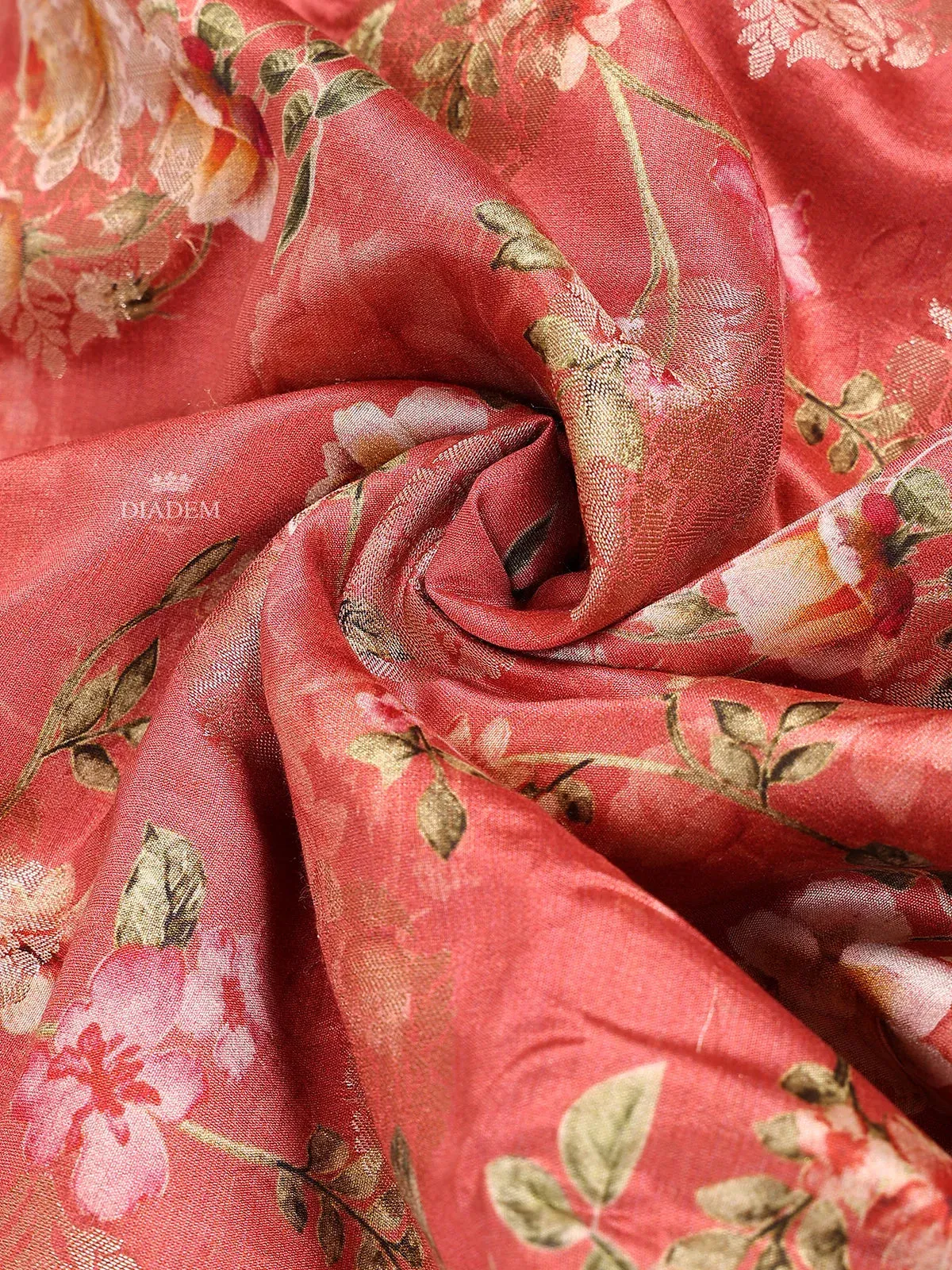 Coral Red Banarasi Saree with Flower Design on the Body with Contrast Border