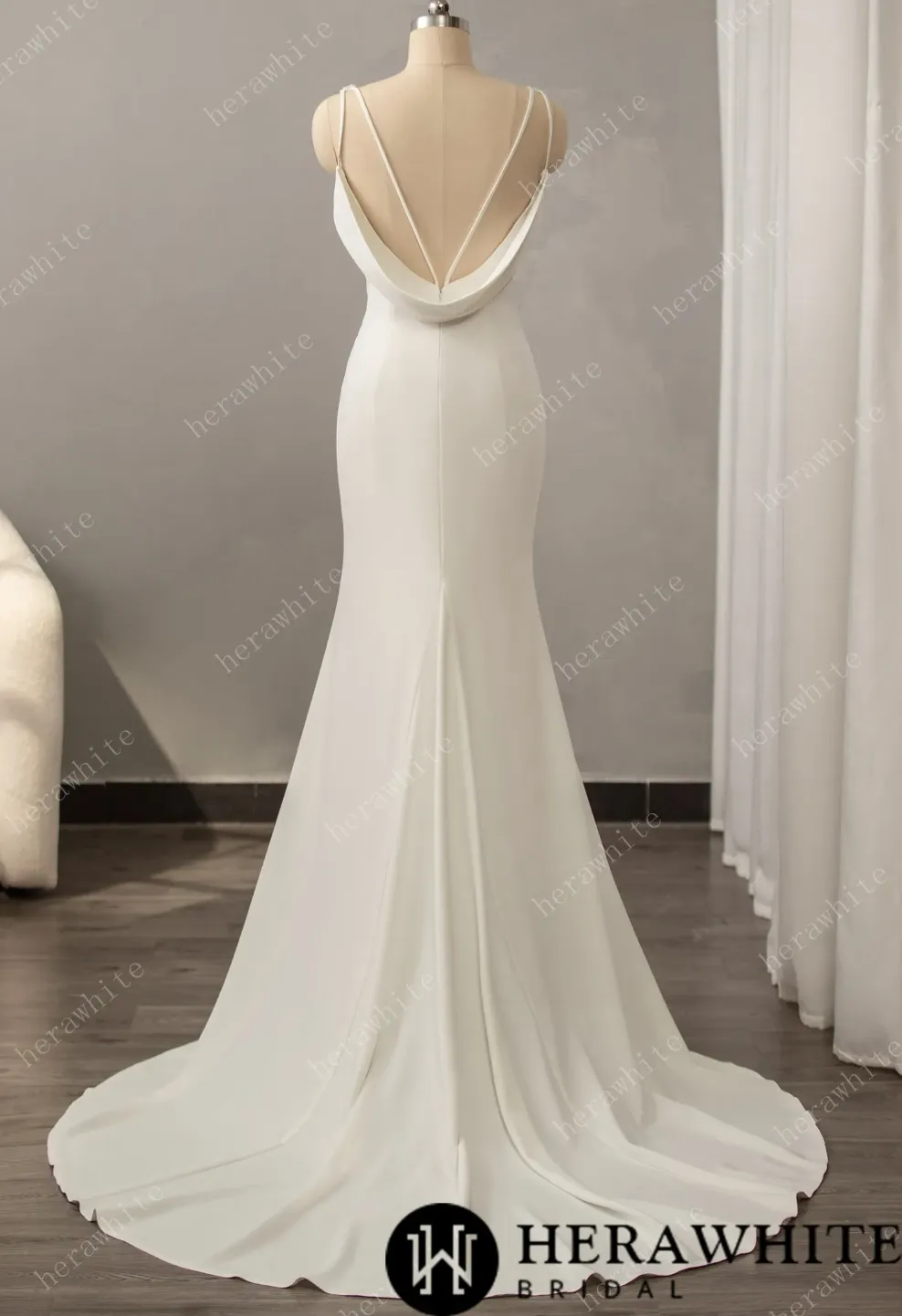 Crepe Beaded V-Neck Wedding Dress with Open Back Detail