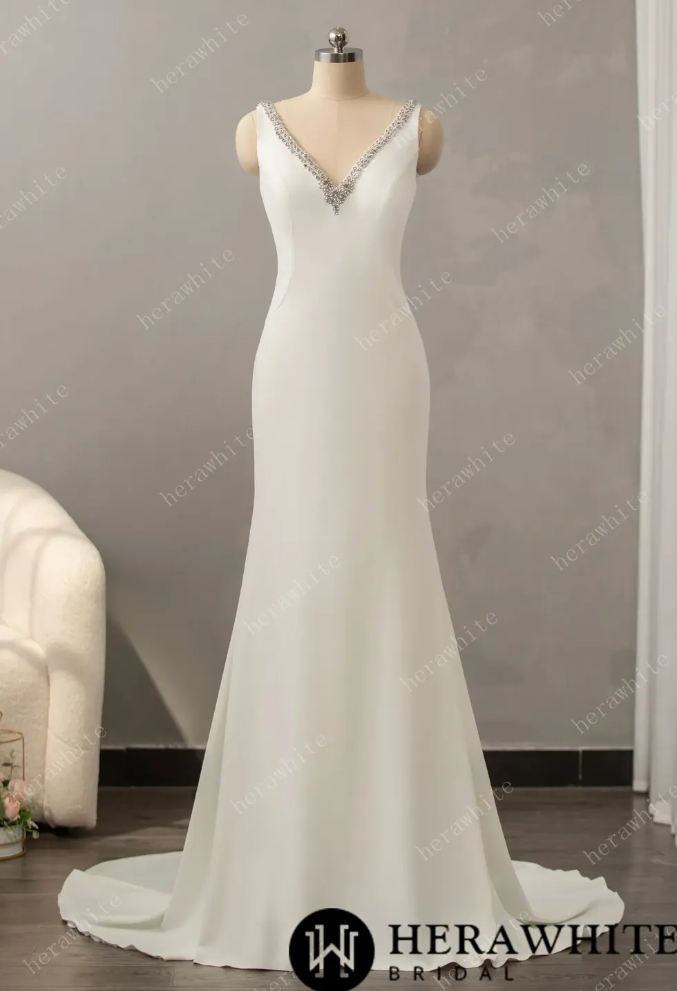 Crepe Beaded V-Neck Wedding Dress with Open Back Detail