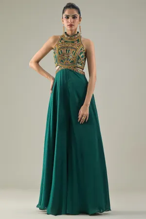 Deep Green Embroidered Chinon Satin Silk Jumpsuit