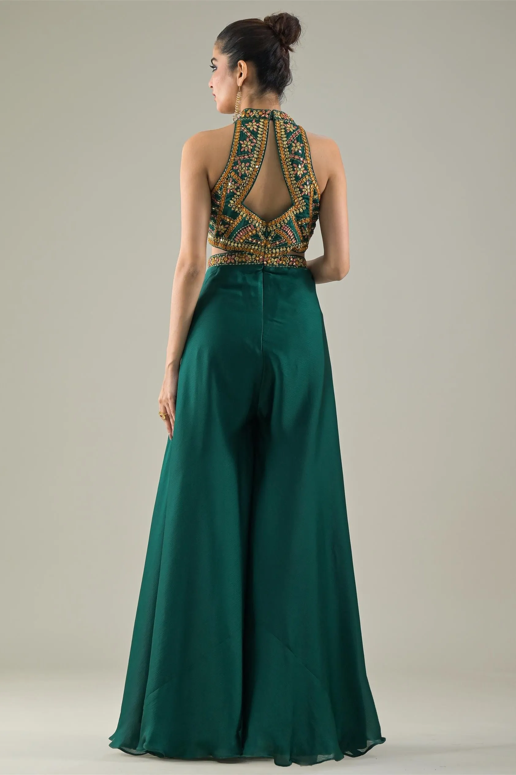 Deep Green Embroidered Chinon Satin Silk Jumpsuit