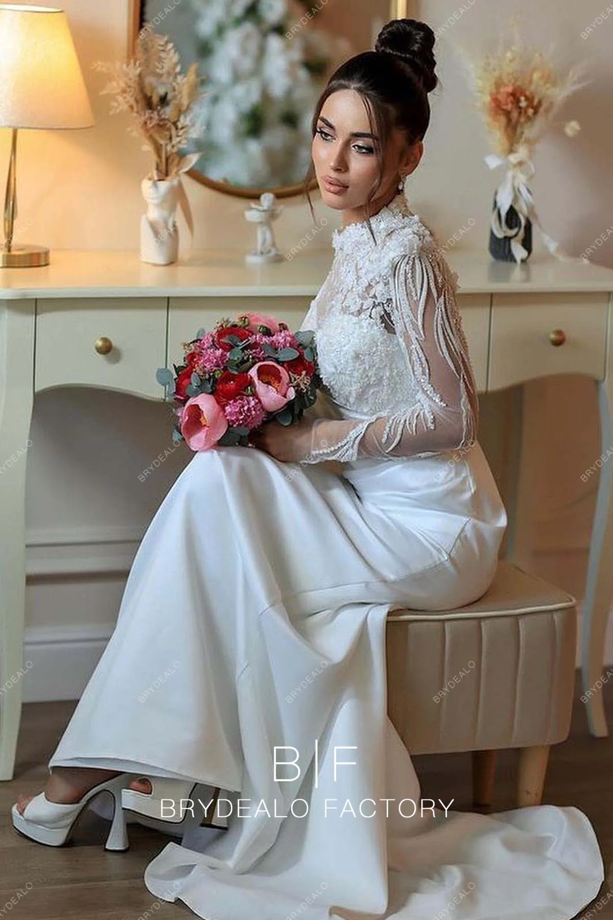 Designer Beaded Lace Long Sleeve Satin Overskirt Modern Wedding Dress