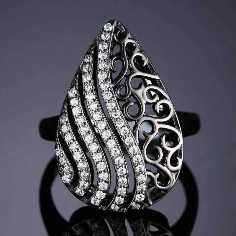 Ebony Swirl Black Gold Filigree and CZ Cocktail Ring