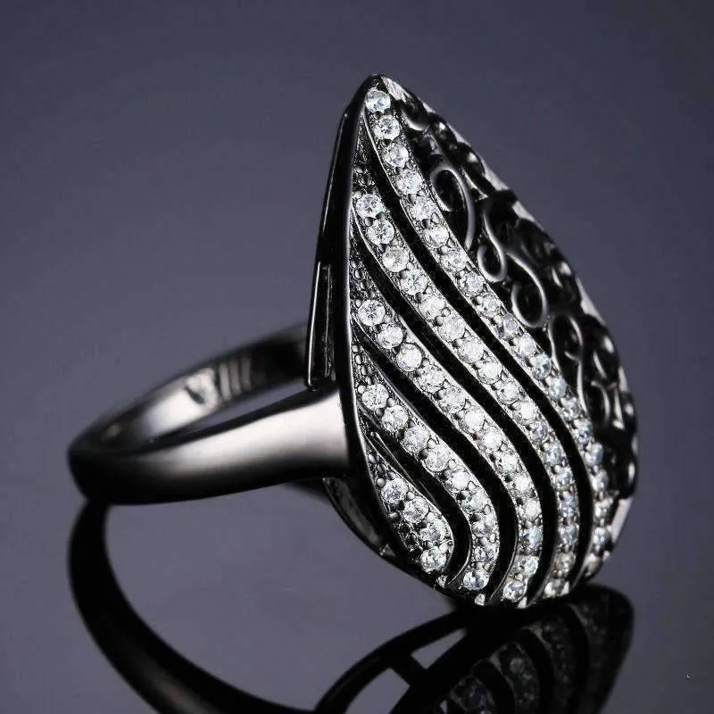 Ebony Swirl Black Gold Filigree and CZ Cocktail Ring